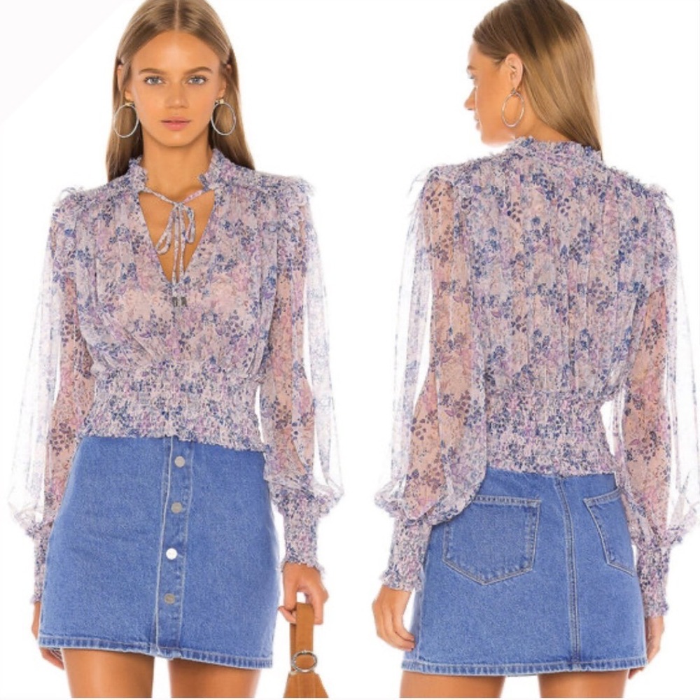 Free People Twyla Floral Sheer Smocked Puff Sleeve Blouse Lilac Boho Medium - Picture 7 of 7